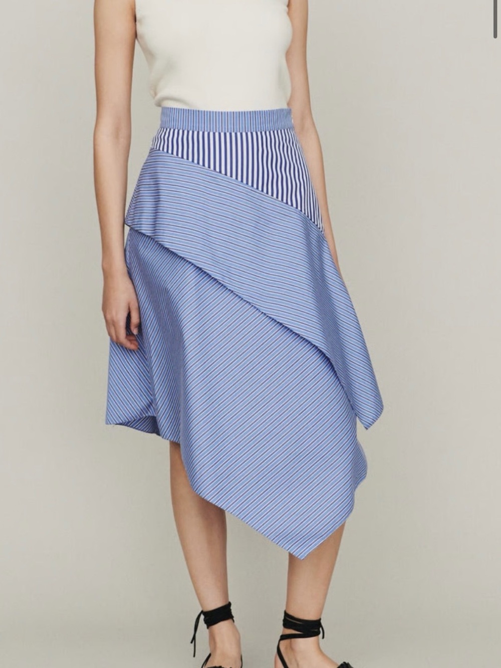 Maje Blue Striped Asymmetric Midi Skirt